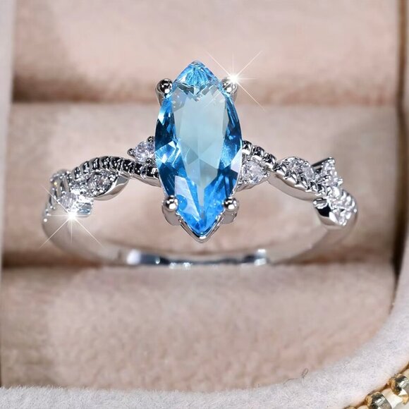 NEW 18k White Gold Blue Sapphire Diamond Ring Marquise Cut Ring - Picture 2 of 7